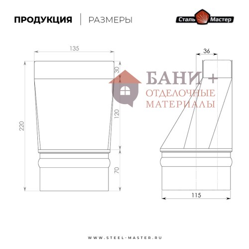 Переход КуБасту с прямоугольника на круг D=115 мм — нерж 0,5 мм
